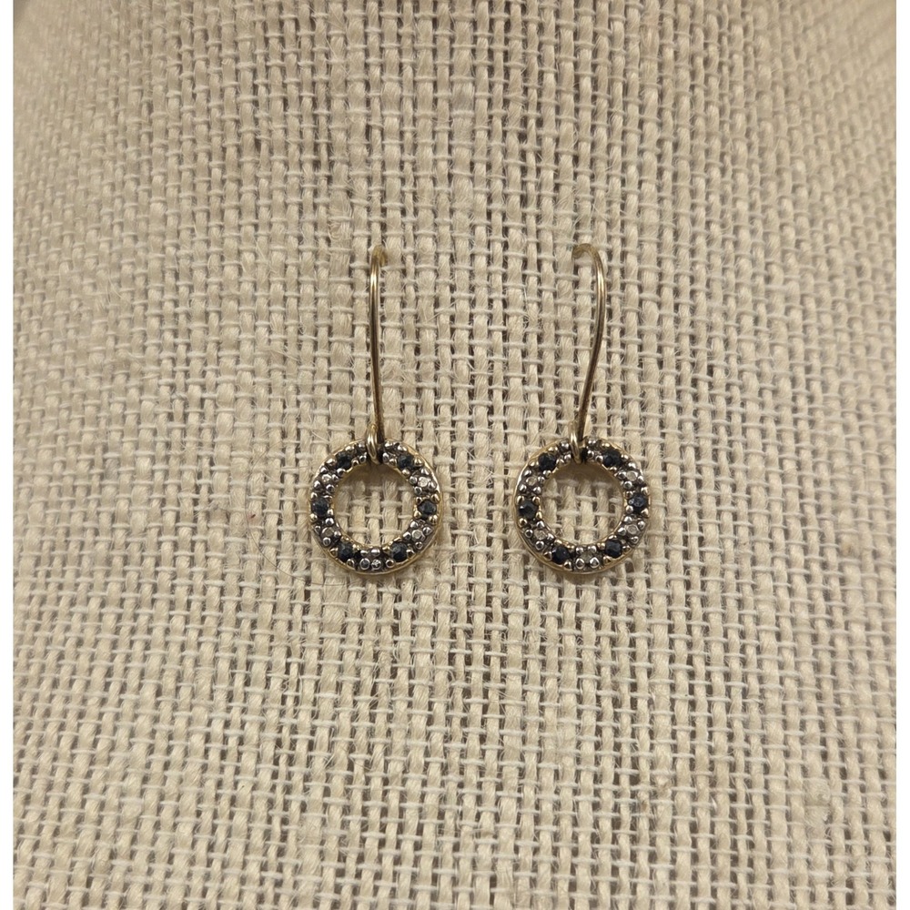 Sterling Silver Black Onyx & Crystal Dangle Hoop Earrings Gold Tone‎